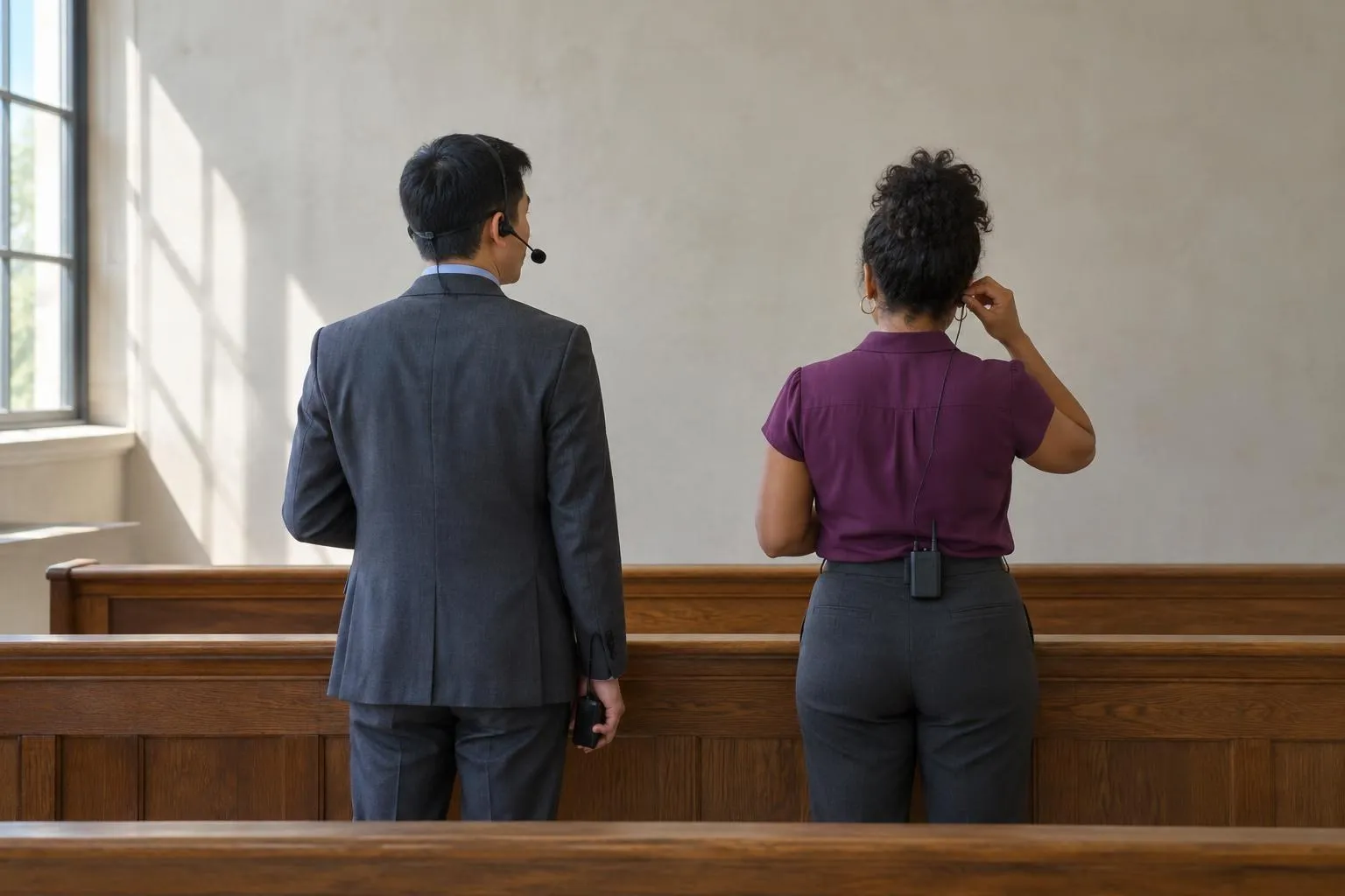 Court interpreter tests a pocket transceiver and headset while a hearing participant adjusts her receiving earpiece.