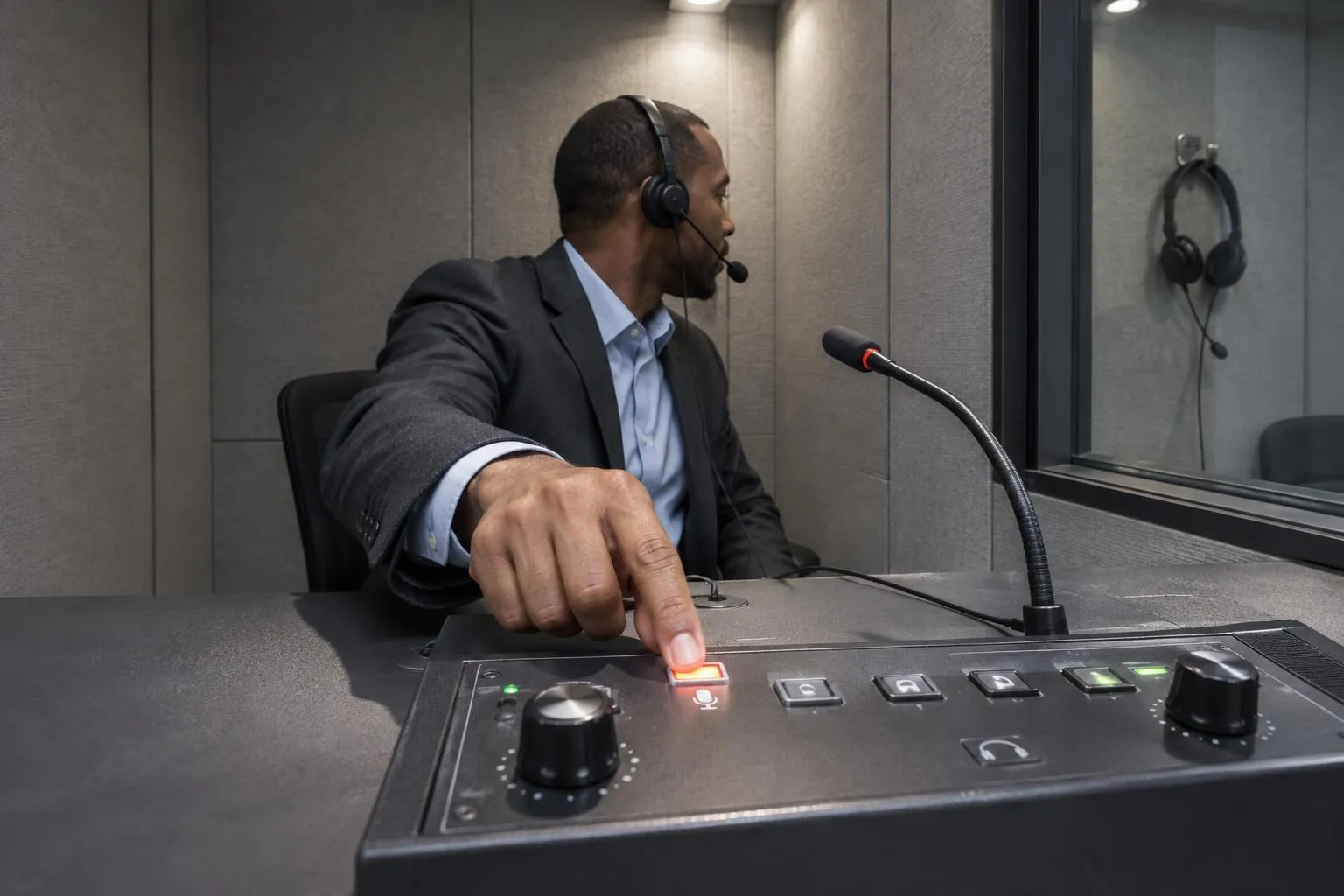 Court interpreter speaks into a headset at a remote audio booth, with an unused headset in the adjacent booth.