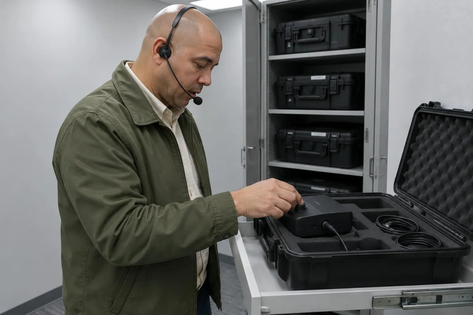Court interpreter checks a headset microphone and portable transmitter beside an open courthouse audio kit.